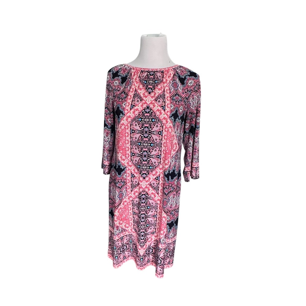 Pink Navy Paisley Medallion Print 3/4 Sleeve Keyhole Back Shift Dress Womens